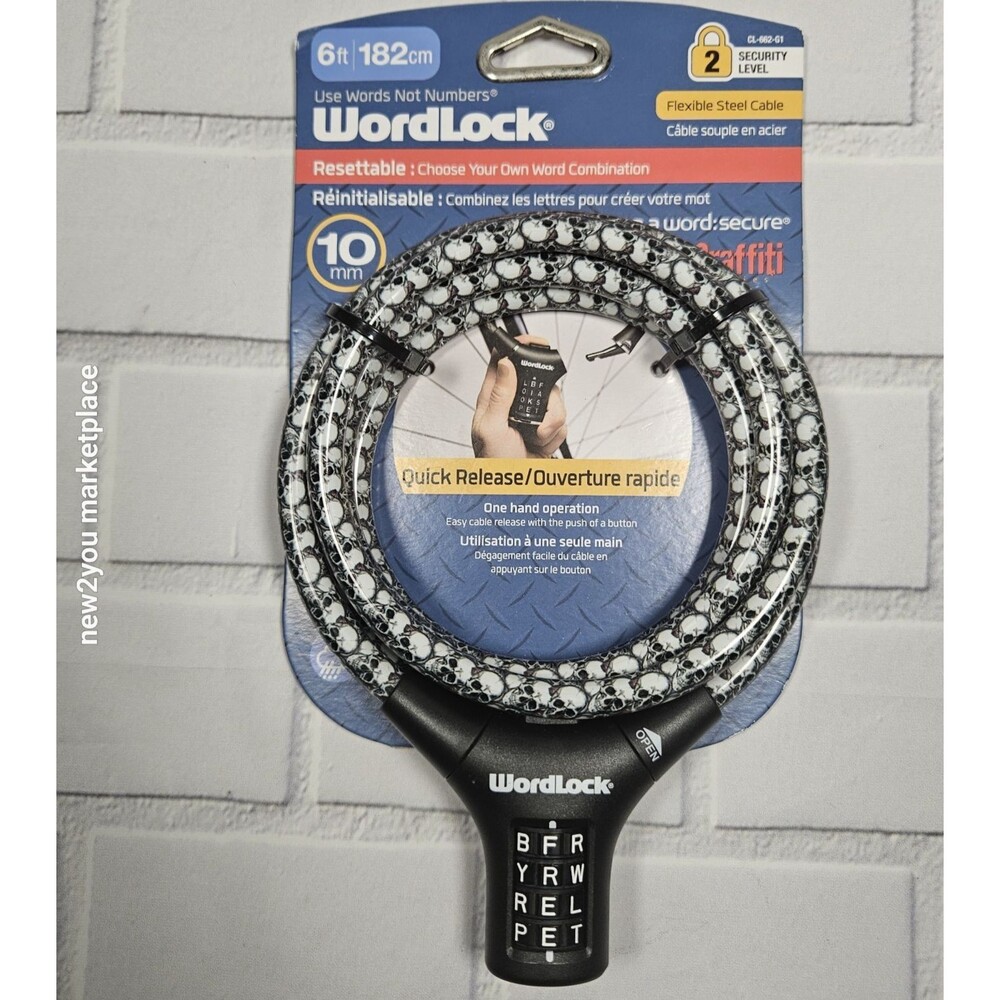 Word lock CL-662-G1 6 Feet 10mm 4 Letter Combination Resettable Cable Bike Lock